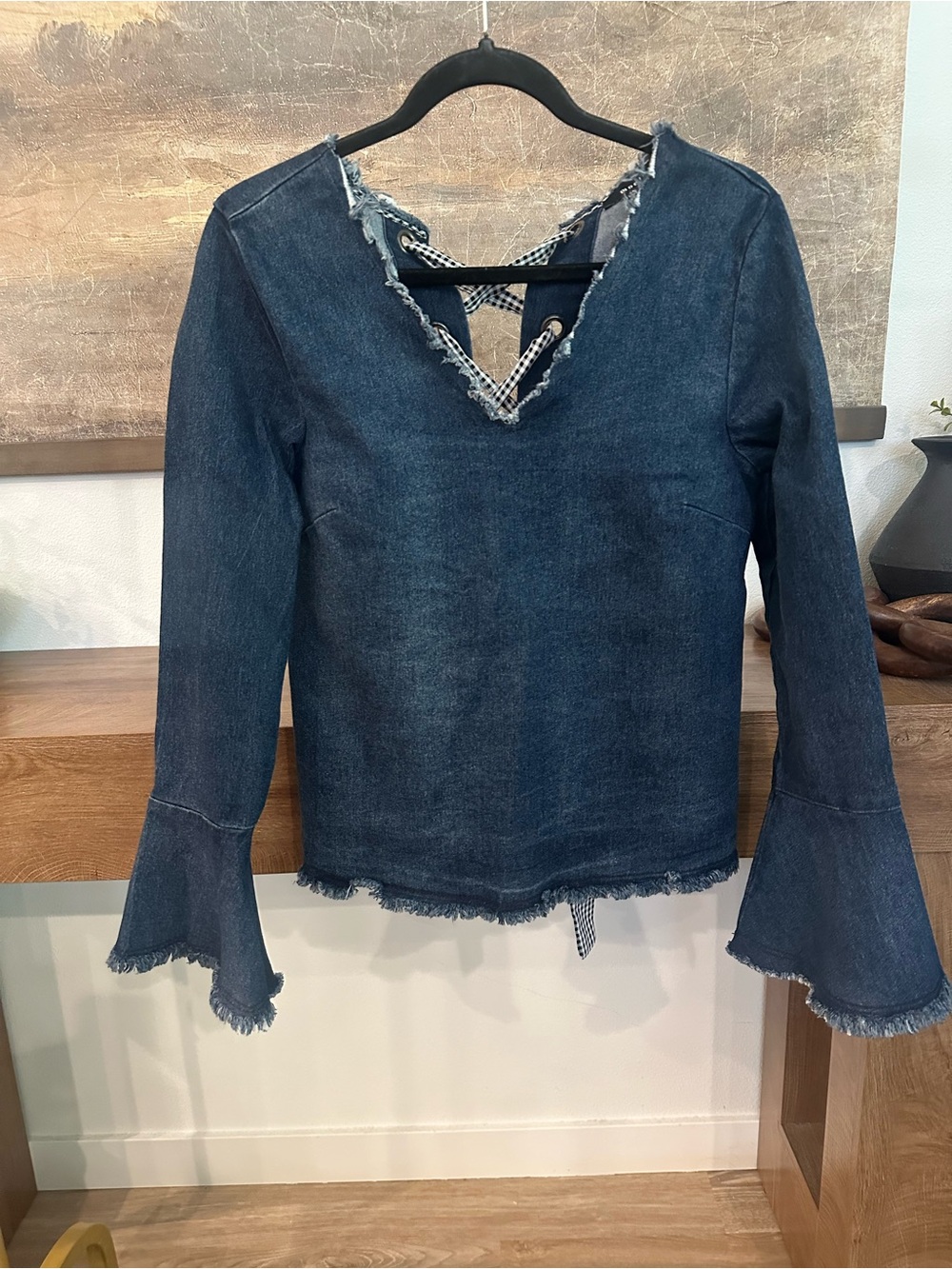 Monteau Dark Indigo Denim Bell Sleeve Lace-Up Top